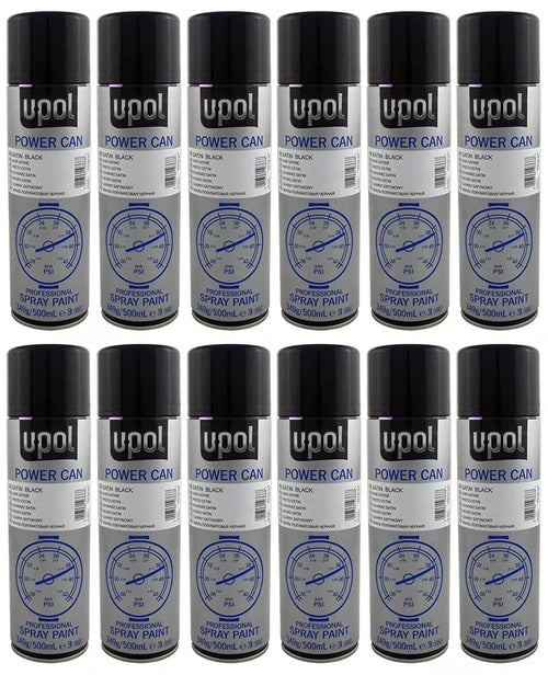 12 X U-POL POWER CAN AEROSOLS 500ML UPOL SPRAY PAINT RATTLE CANS - SATIN BLACK